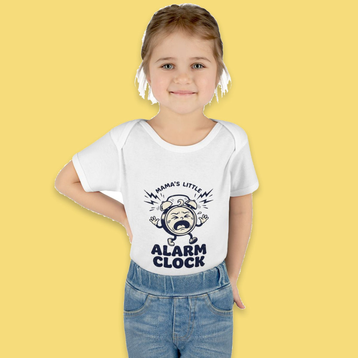 Mama's Little Alarm Clock onesie – Worn by a baby (on yellow)
