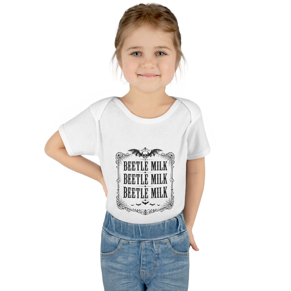 Beetle Milk onesie – Worn by a baby