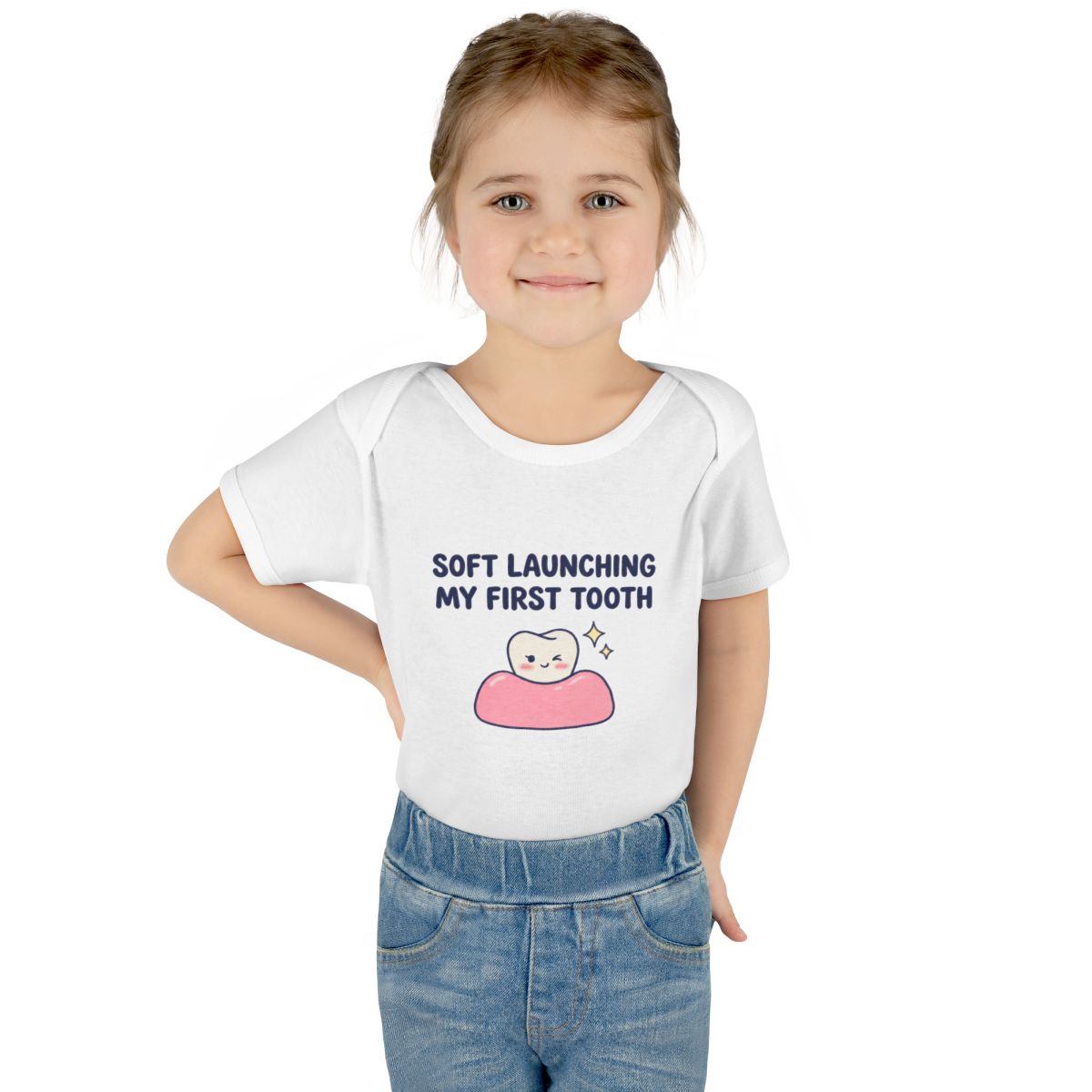 Soft Launching My First Tooth onesie – Worn by a baby
