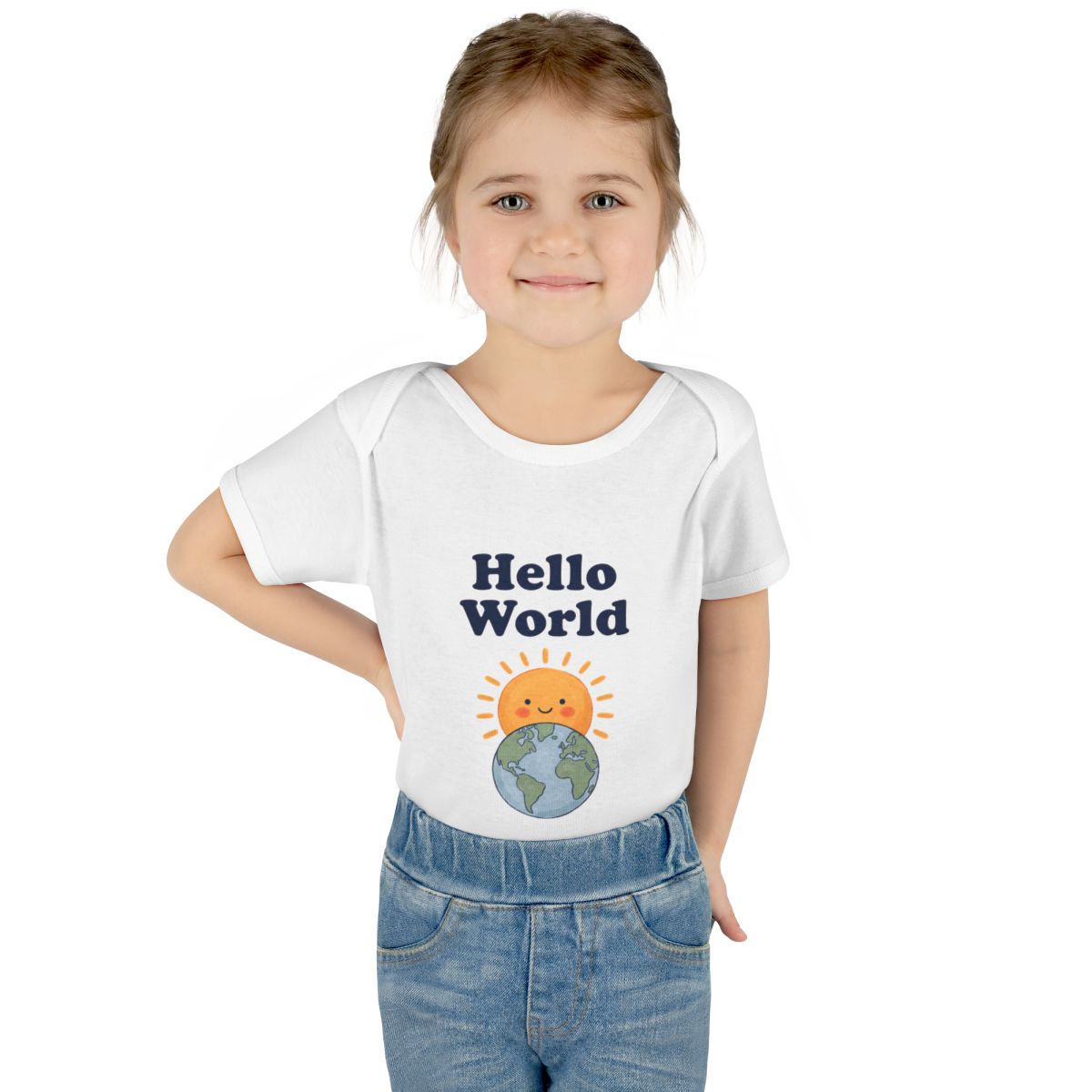 Hello World onesie – Worn by a baby