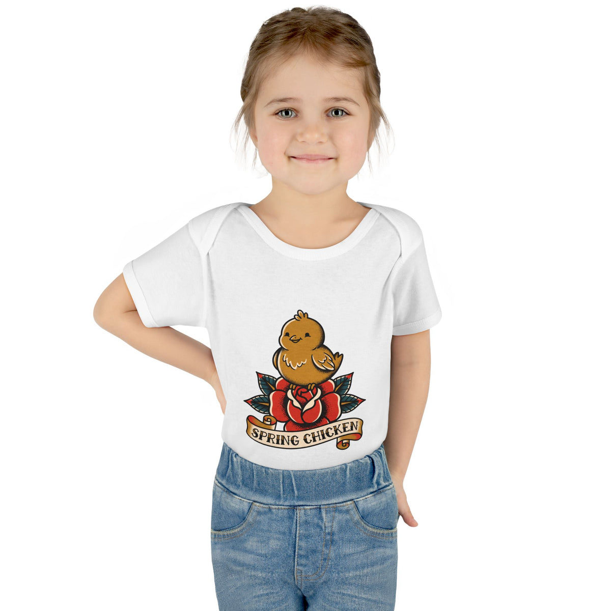 Spring Chicken onesie – Worn by a baby