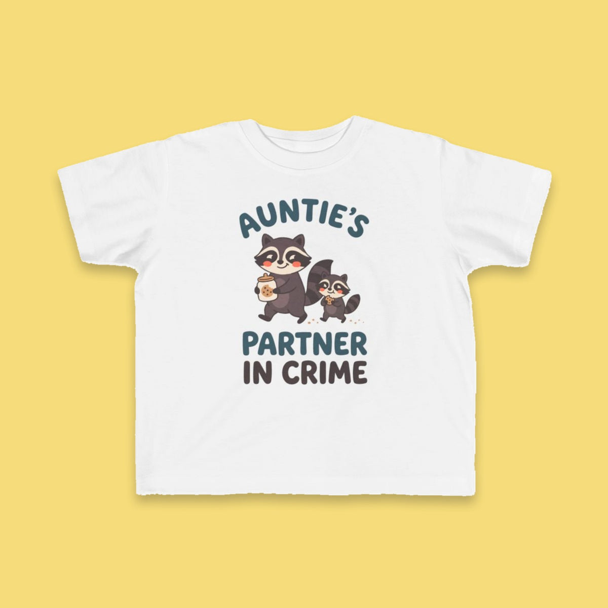 Auntie's Partner in Crime toddler tee – Flat on yellow background