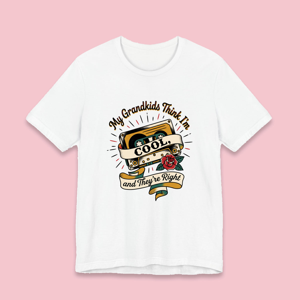 My Grandkids Think I'm Cool, and They're Right adult tee – Flat on pink background