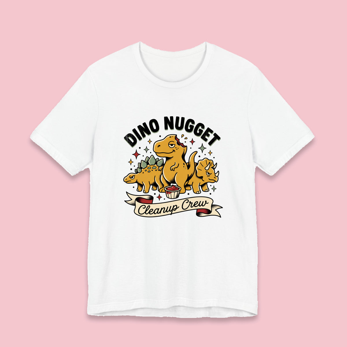 Dino Nugget Cleanup Crew adult tee – Flat on pink background