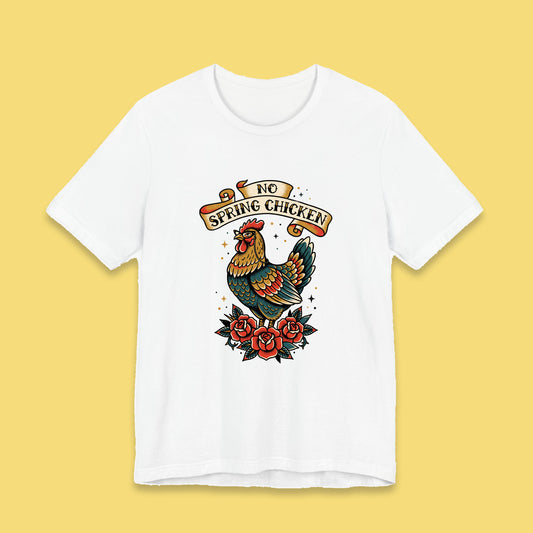 No Spring Chicken adult tee – Flat on yellow background