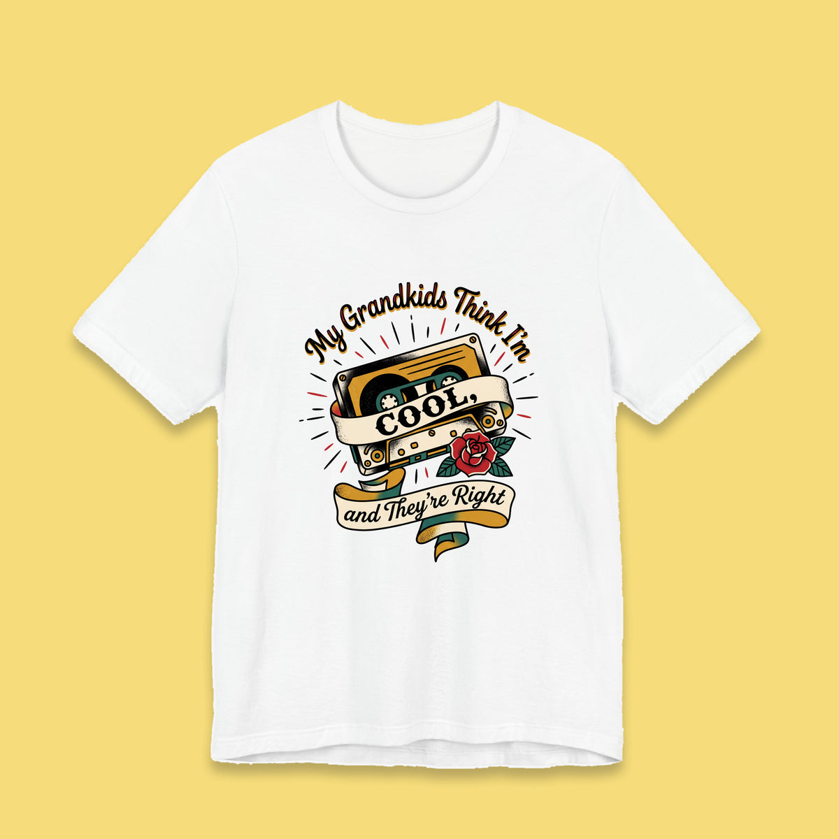 My Grandkids Think I'm Cool, and They're Right adult tee – Flat on yellow background