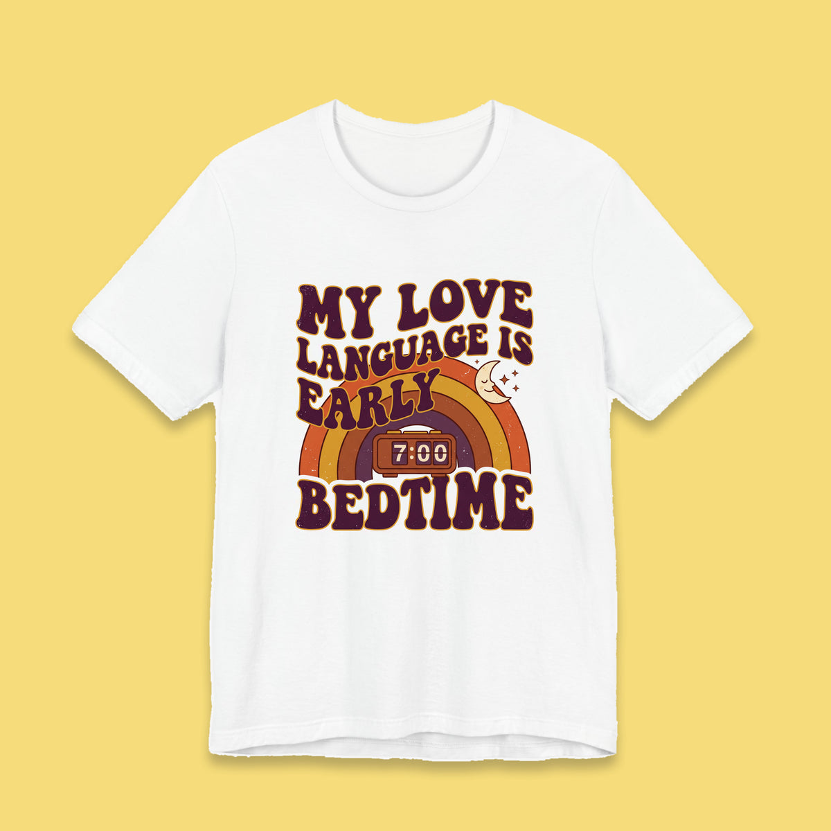 My Love Language Is Early Bedtime adult tee – Flat on yellow background
