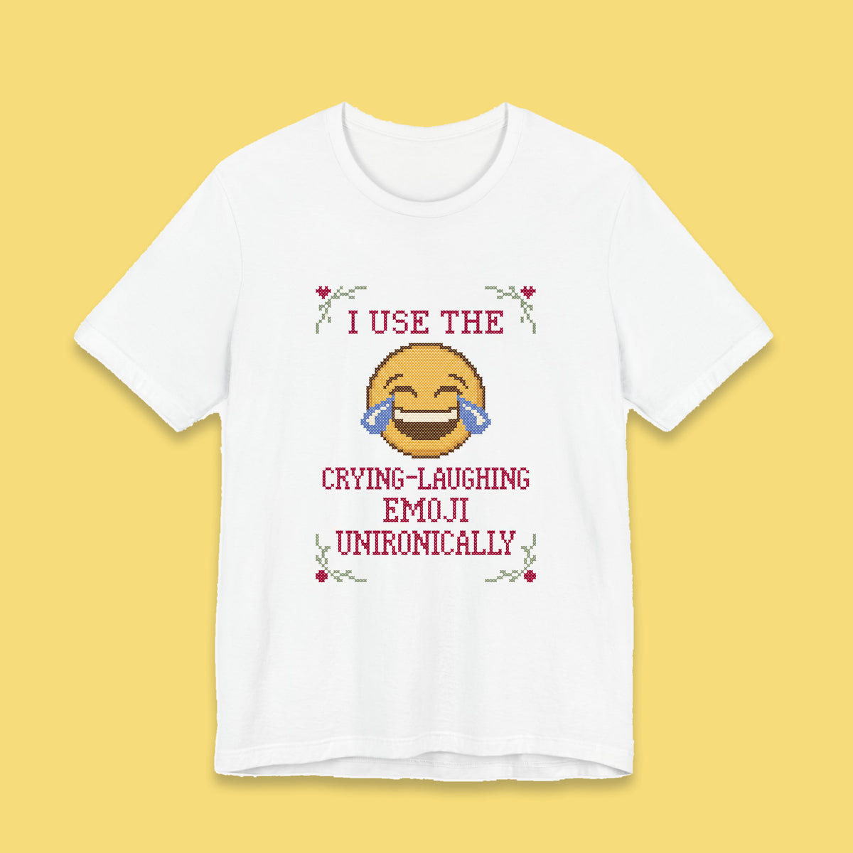 I Use the Crying-Laughing Emoji Unironically adult tee – Flat on yellow background