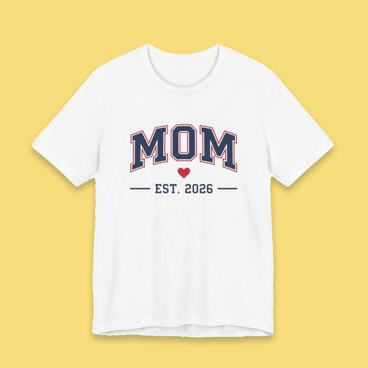 Mom Est. 2026 adult tee – Flat on yellow background