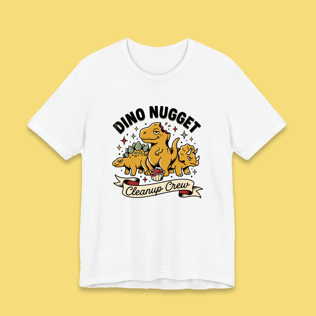 Dino Nugget Cleanup Crew adult tee – Flat on yellow background