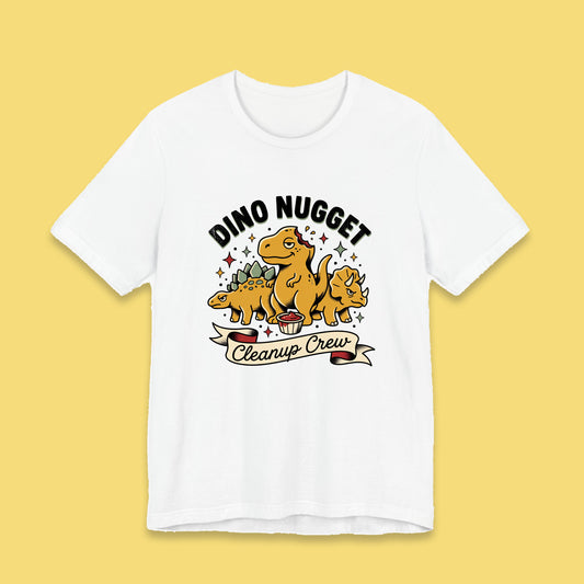 Dino Nugget Cleanup Crew adult tee – Flat on yellow background
