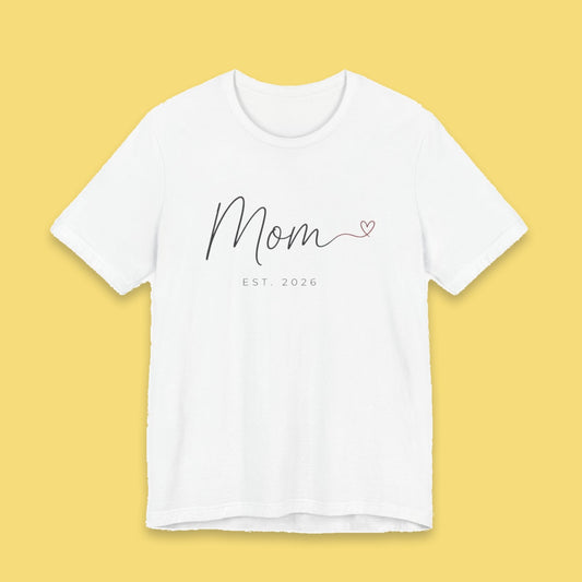 Mom Est. 2026 adult tee – Flat on yellow background