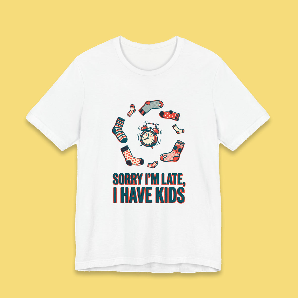 Sorry I'm Late, I Have Kids adult tee – Flat on yellow background