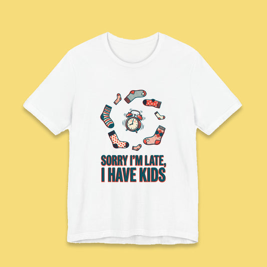 Sorry I'm Late, I Have Kids adult tee – Flat on yellow background