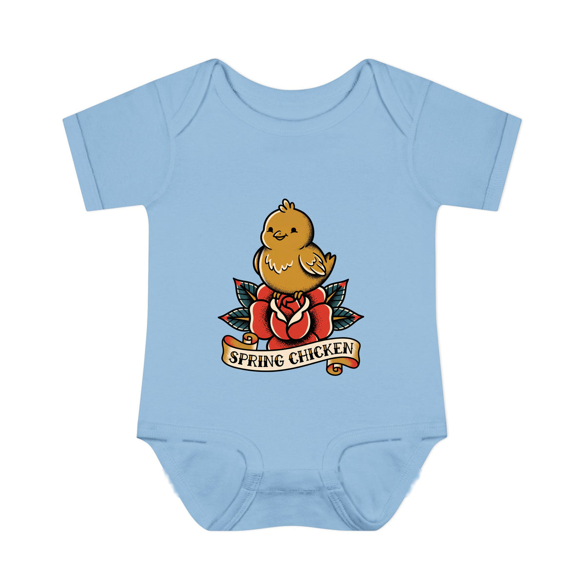 Spring Chicken onesie – Light Blue shirt