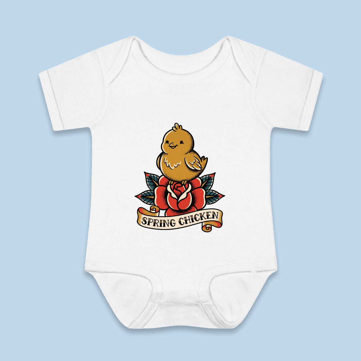 Spring Chicken onesie – Flat on blue background