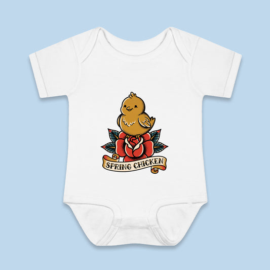 Spring Chicken onesie – Flat on blue background