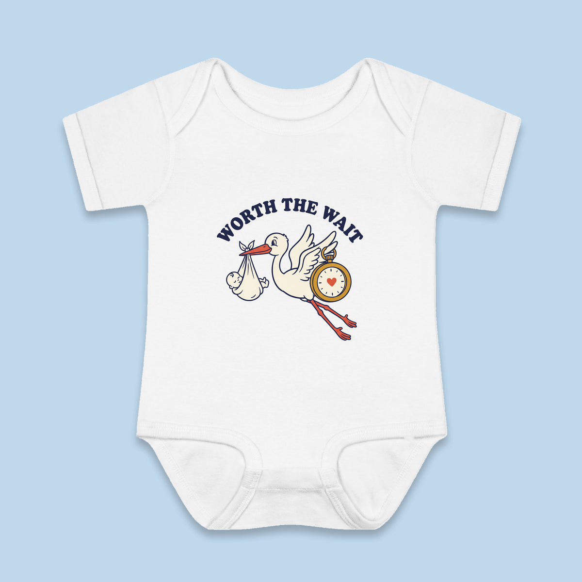 Worth the Wait onesie – Flat on blue background