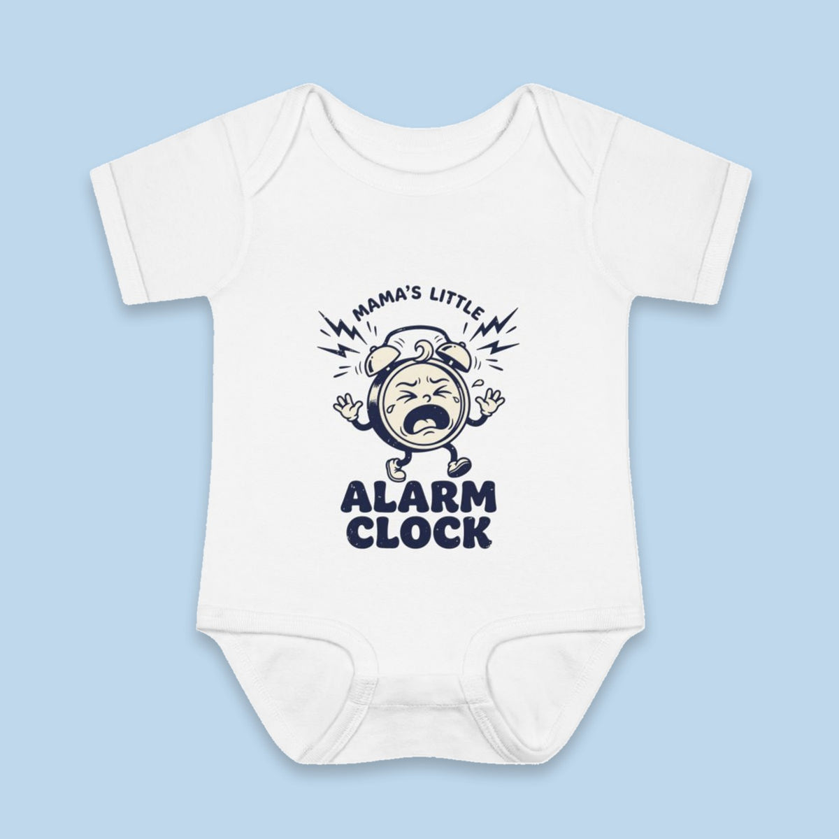 Mama's Little Alarm Clock onesie – Flat on blue background
