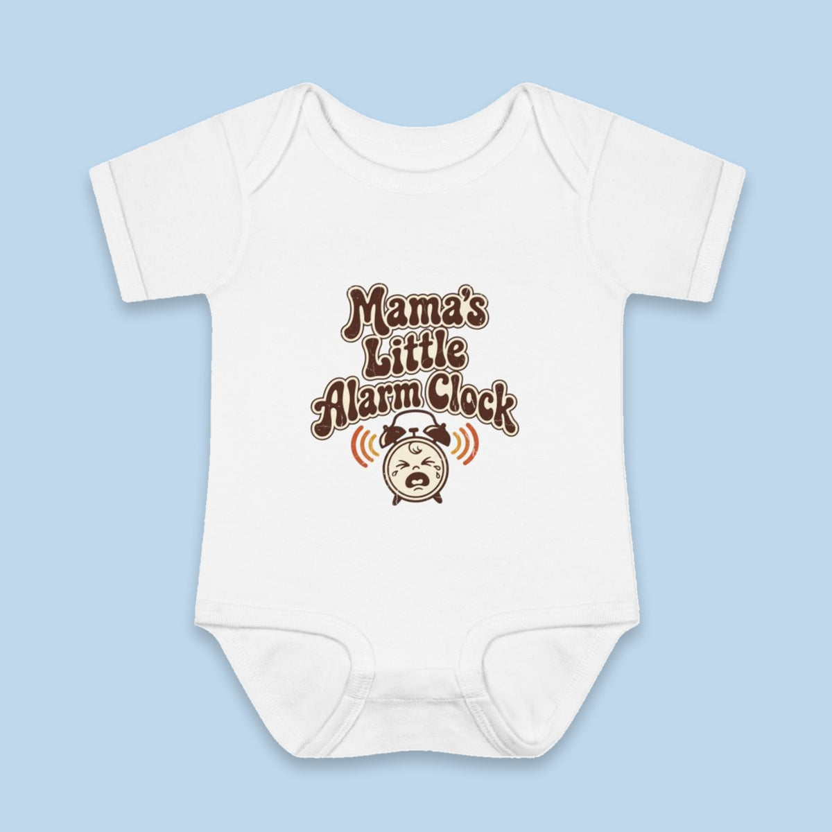 Mama's Little Alarm Clock onesie – Flat on blue background