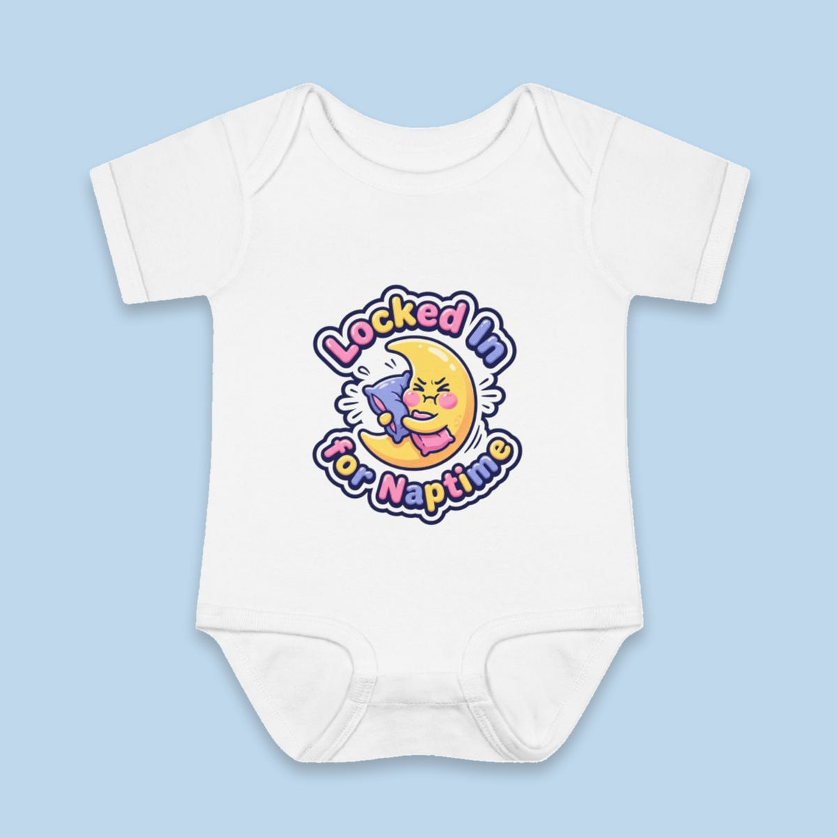 Locked In for Naptime onesie – Flat on blue background