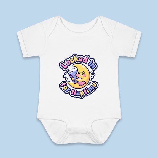 Locked In for Naptime onesie – Flat on blue background