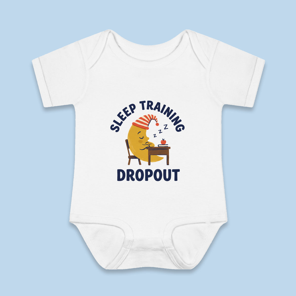 Sleep Training Dropout onesie – Flat on blue background