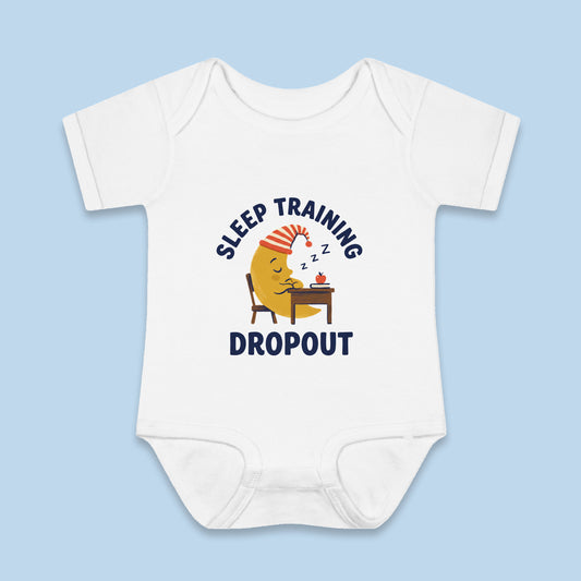 Sleep Training Dropout onesie – Flat on blue background