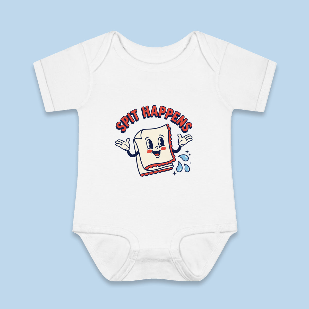 Spit Happens onesie – Flat on blue background