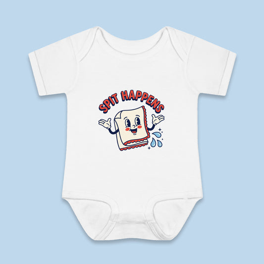 Spit Happens onesie – Flat on blue background