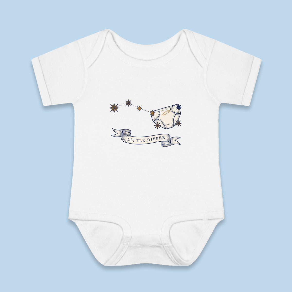 Little Dipper onesie – Flat on blue background