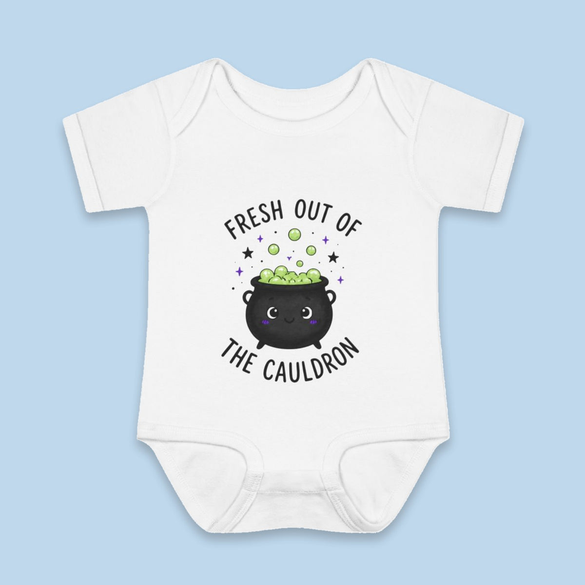 Fresh Out of the Cauldron onesie – Flat on blue background