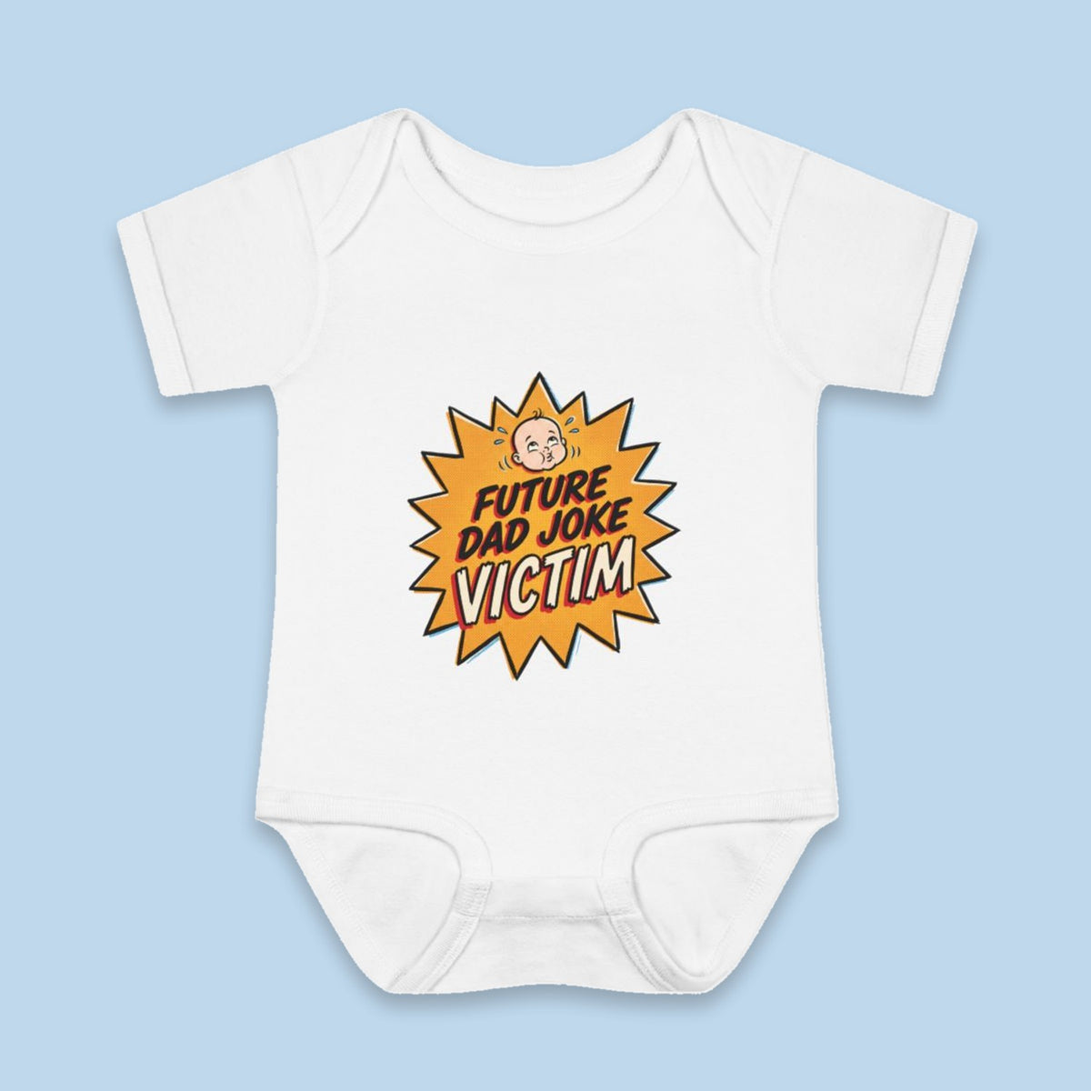 Future Dad Joke Victim onesie – Flat on blue background