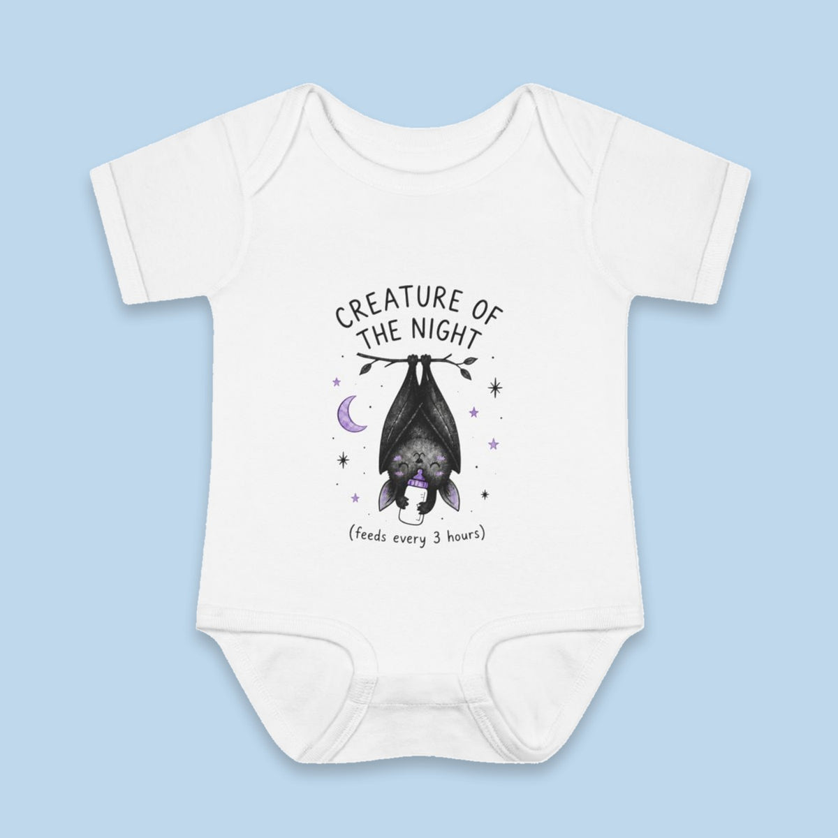 Creature of the Night (Feeds Every 3 Hours) onesie – Flat on blue background