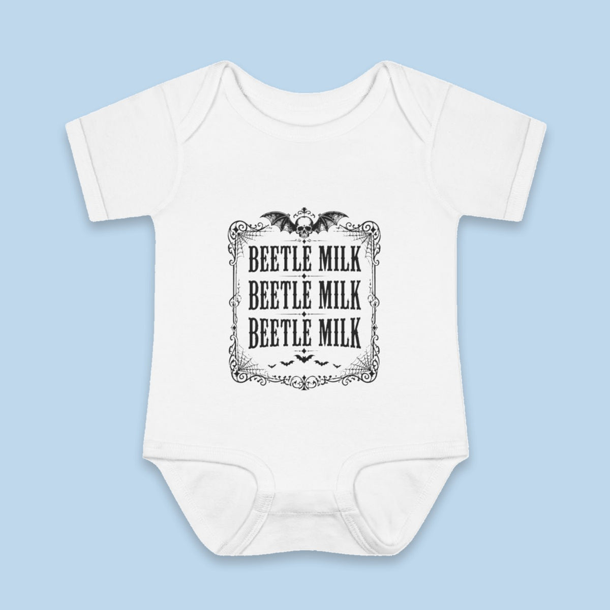 Beetle Milk onesie – Flat on blue background