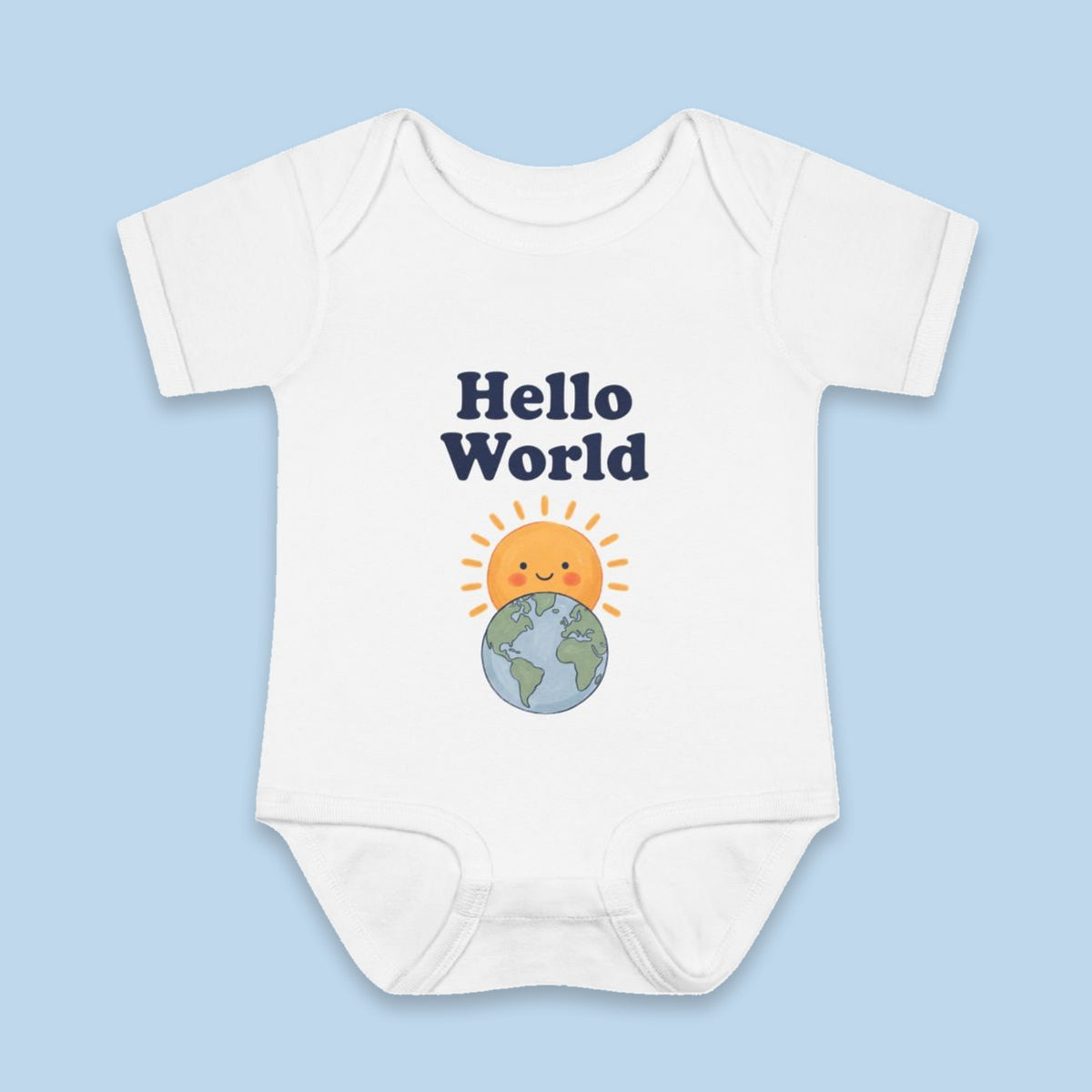 Hello World onesie – Flat on blue background