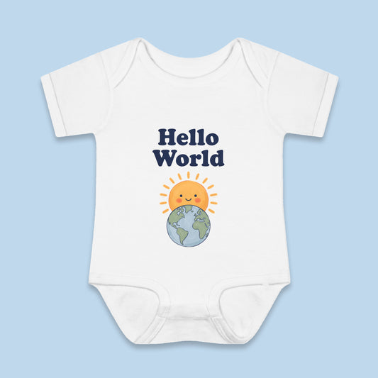 Hello World onesie – Flat on blue background