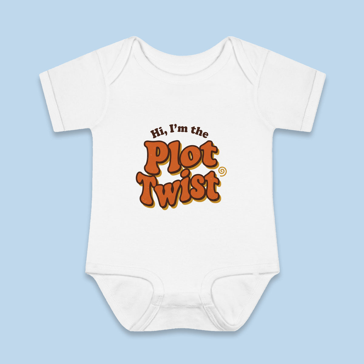 Hi, I'm the Plot Twist onesie – Flat on blue background