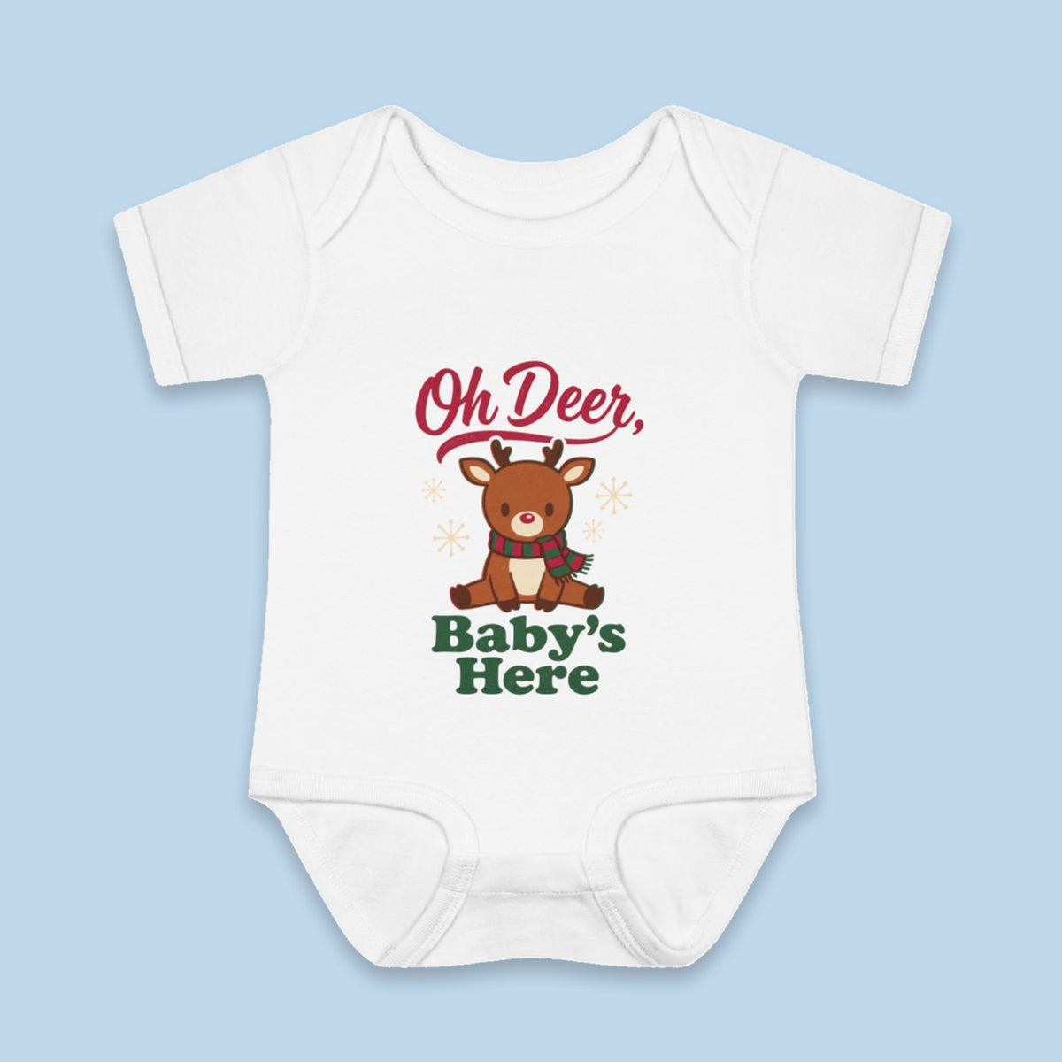 Oh Deer, Baby's Here onesie – Flat on blue background