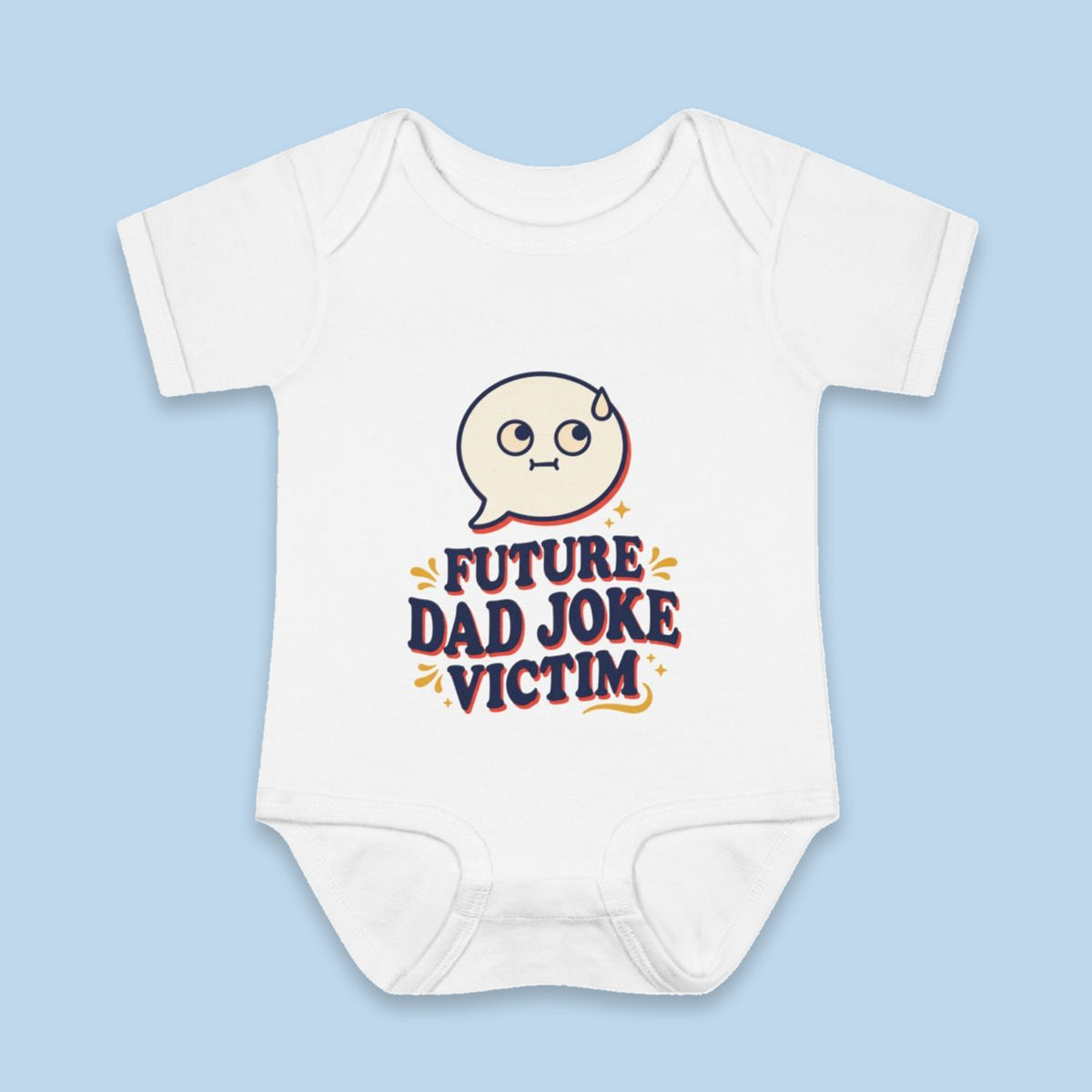 Future Dad Joke Victim onesie – Flat on blue background