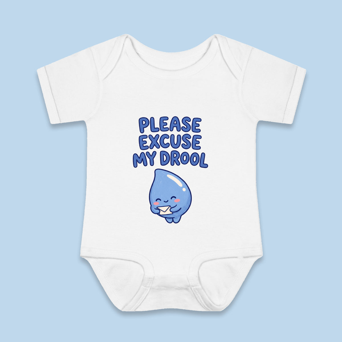 Please Excuse My Drool onesie – Flat on blue background