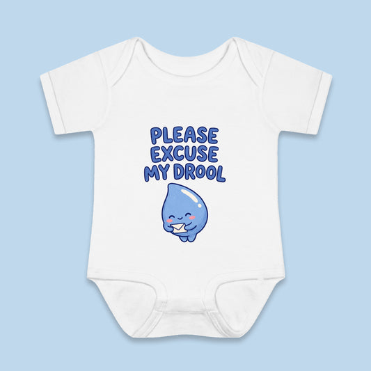Please Excuse My Drool onesie – Flat on blue background