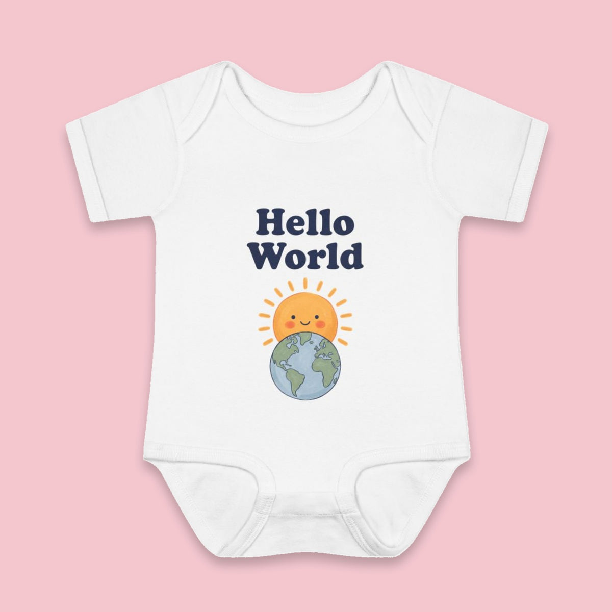 Hello World onesie – Flat on pink background
