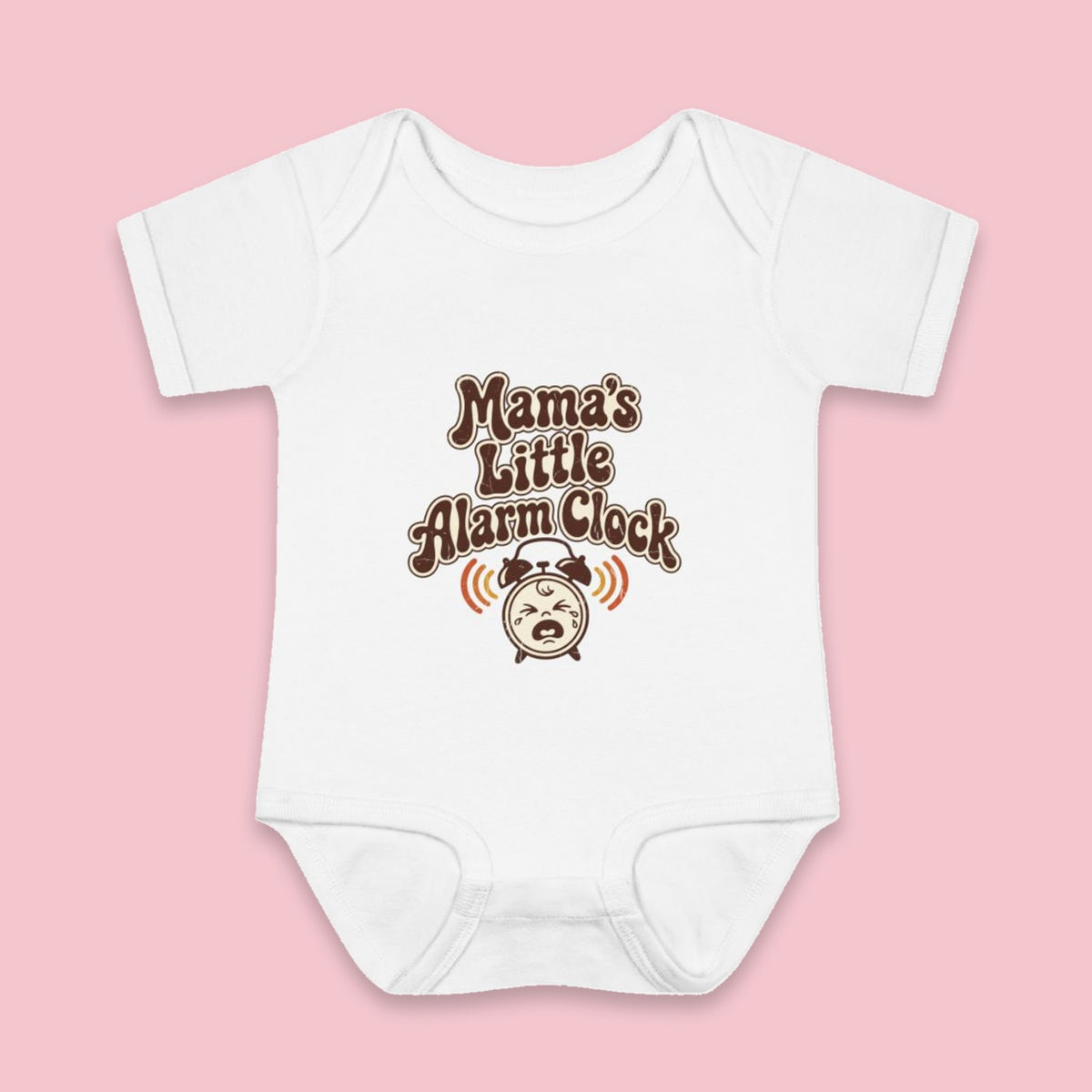 Mama's Little Alarm Clock onesie – Flat on pink background
