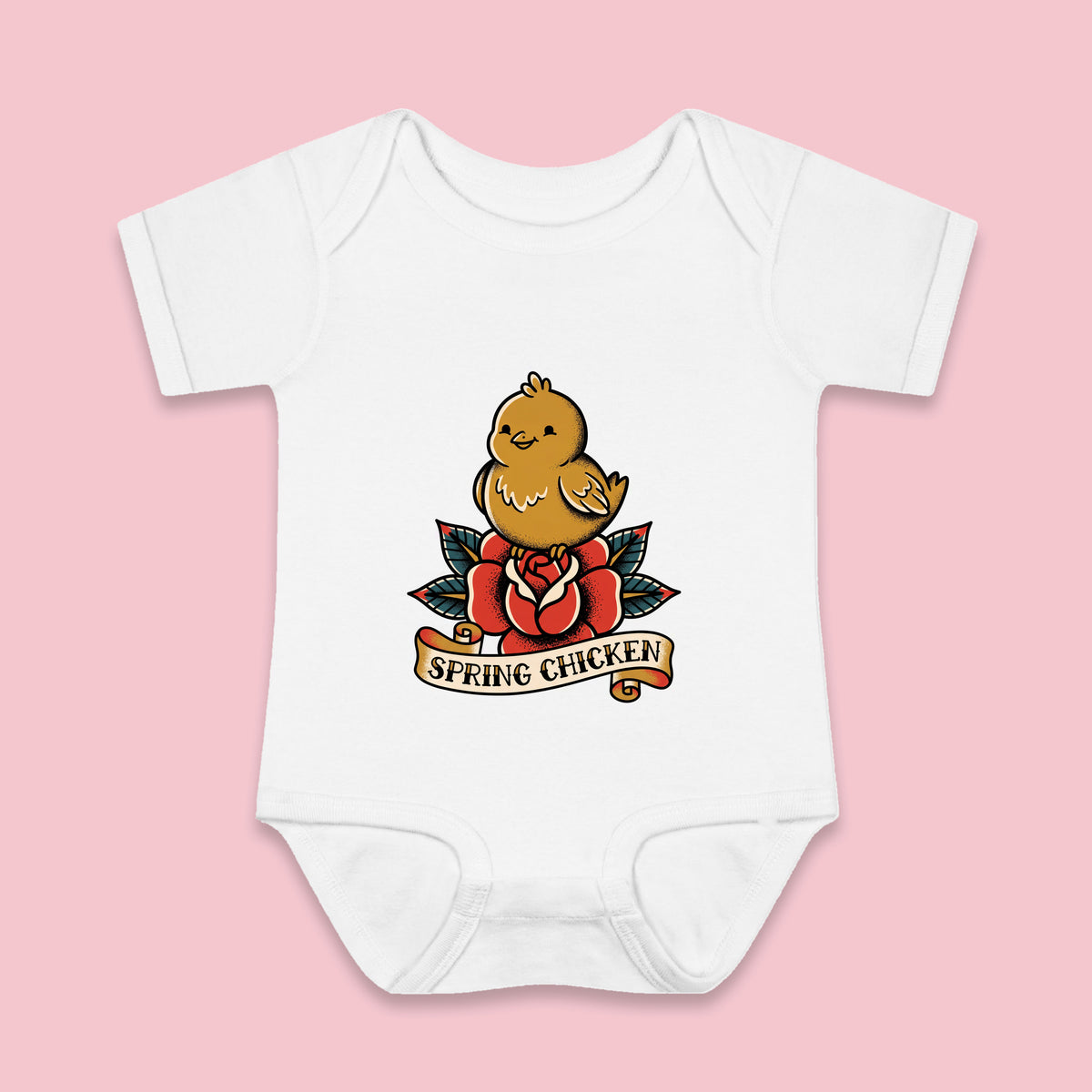 Spring Chicken onesie – Flat on pink background