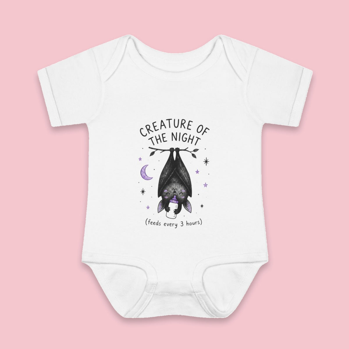Creature of the Night (Feeds Every 3 Hours) onesie – Flat on pink background
