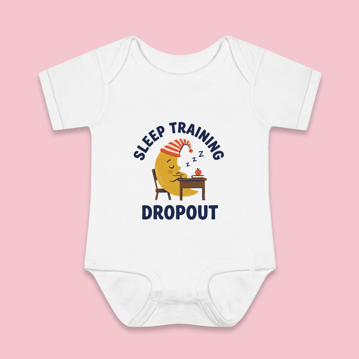 Sleep Training Dropout onesie – Flat on pink background