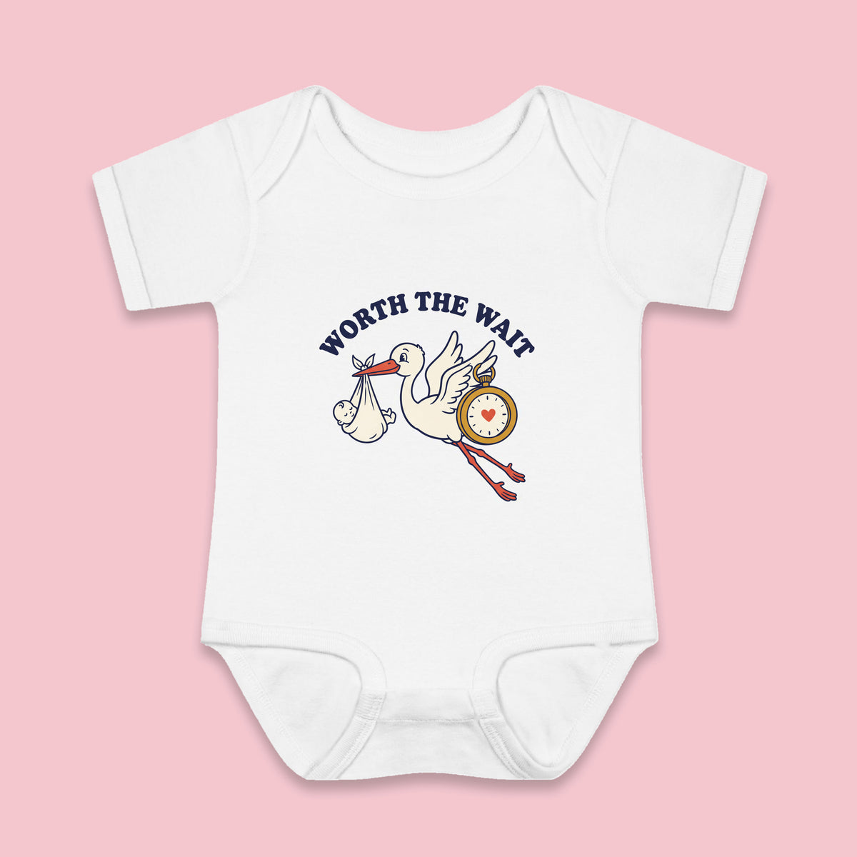 Worth the Wait onesie – Flat on pink background