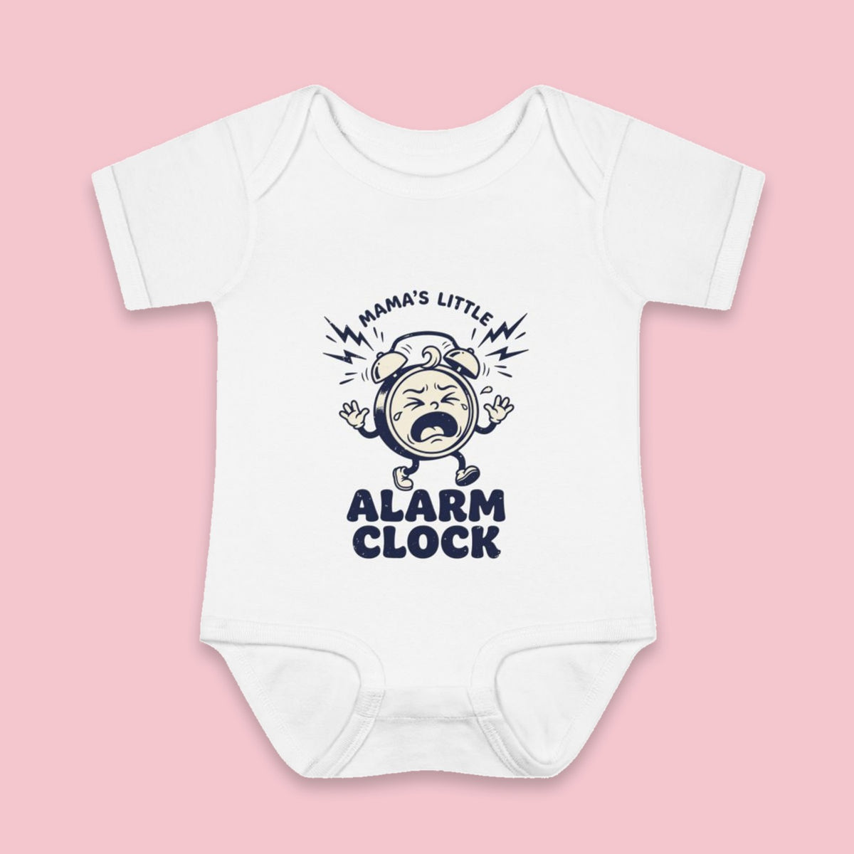 Mama's Little Alarm Clock onesie – Flat on pink background