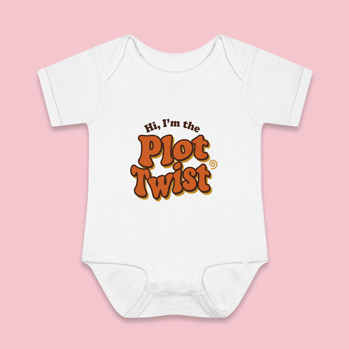 Hi, I'm the Plot Twist onesie – Flat on pink background